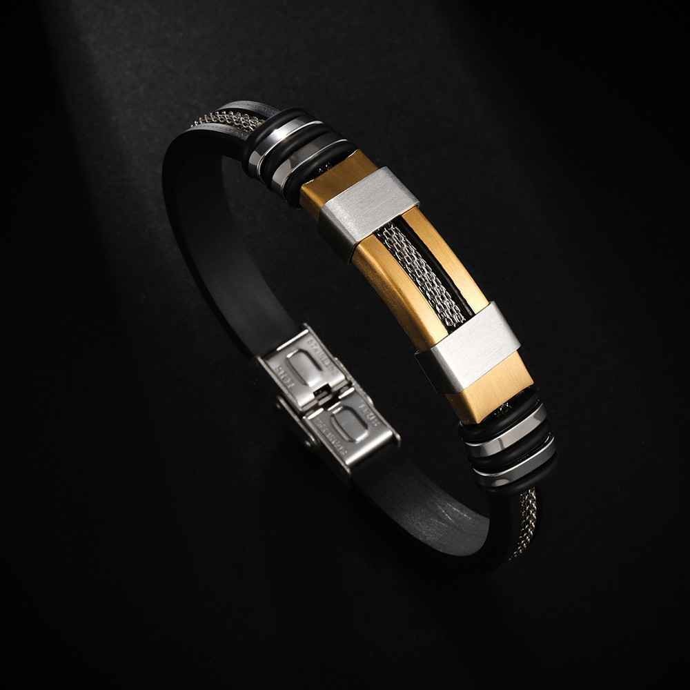 Mens Stainless Steel Bracelet Silicone Black WristBand Punk Style Man Bracelets Simple Rubber jewelry