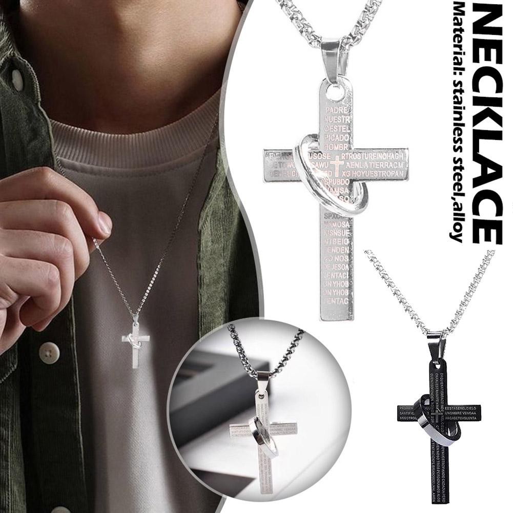 Retro Christian Titanium Scripture Cross Necklace Stainless Steel Bible Pendant Chain