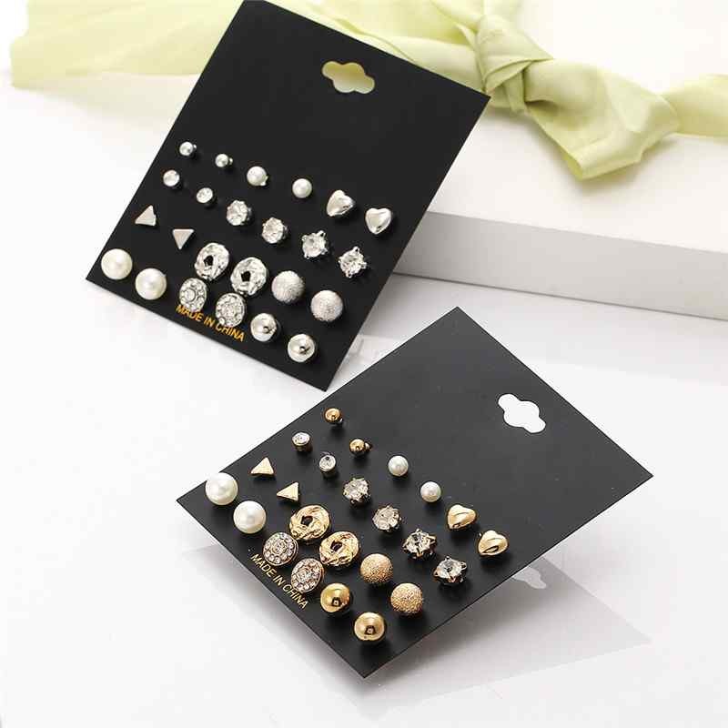 Trendy 12 Pairs/Set Triangle Crystal Heart Stud Earrings for Women Ball Simulated Pearl Flower Wedding Jewelry